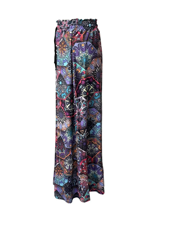 Feather print maxi skirt with drawstring waist and pockets