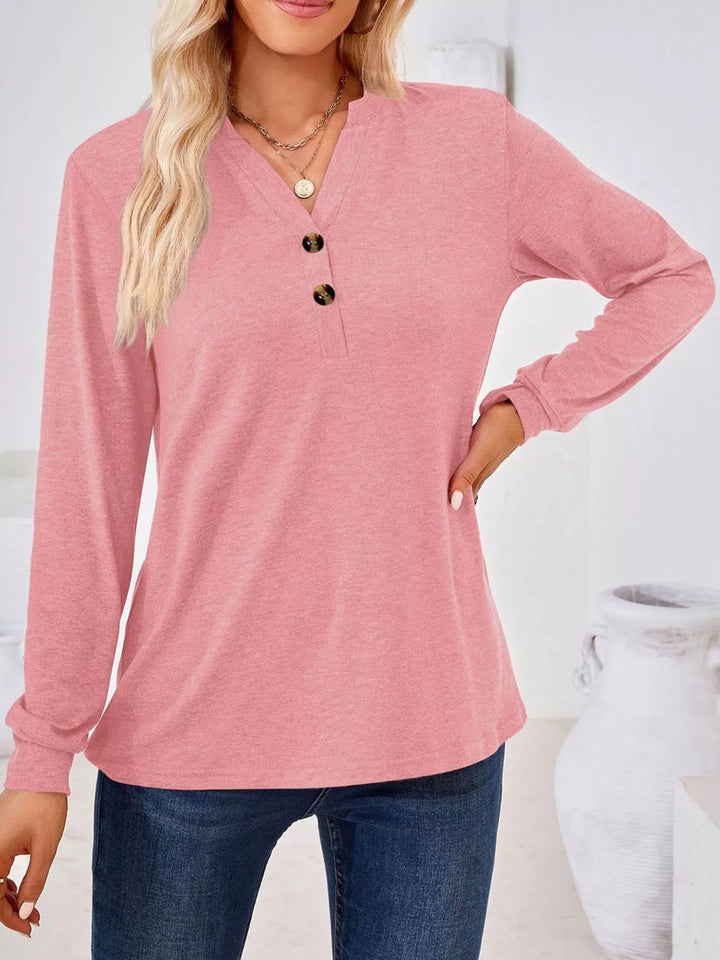 Plus size button-neck henley long sleeve top