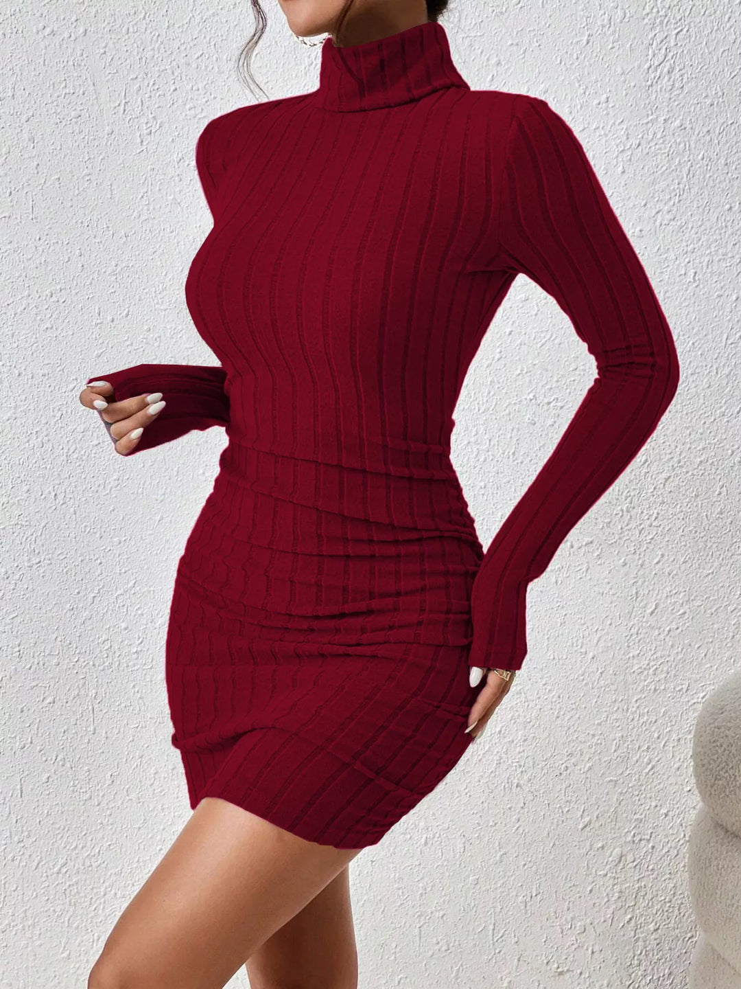 Ribbed knit turtleneck bodycon mini dress with thumbhole sleeves