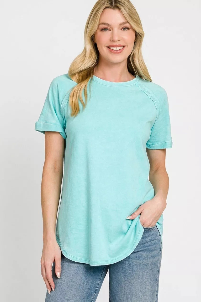 MINT SKY French terry washed curved hem top with raglan sleeves