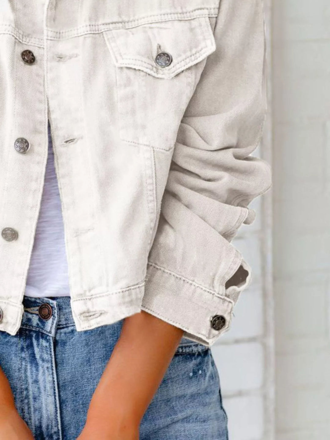 Cropped button-up denim jacket with chest pockets