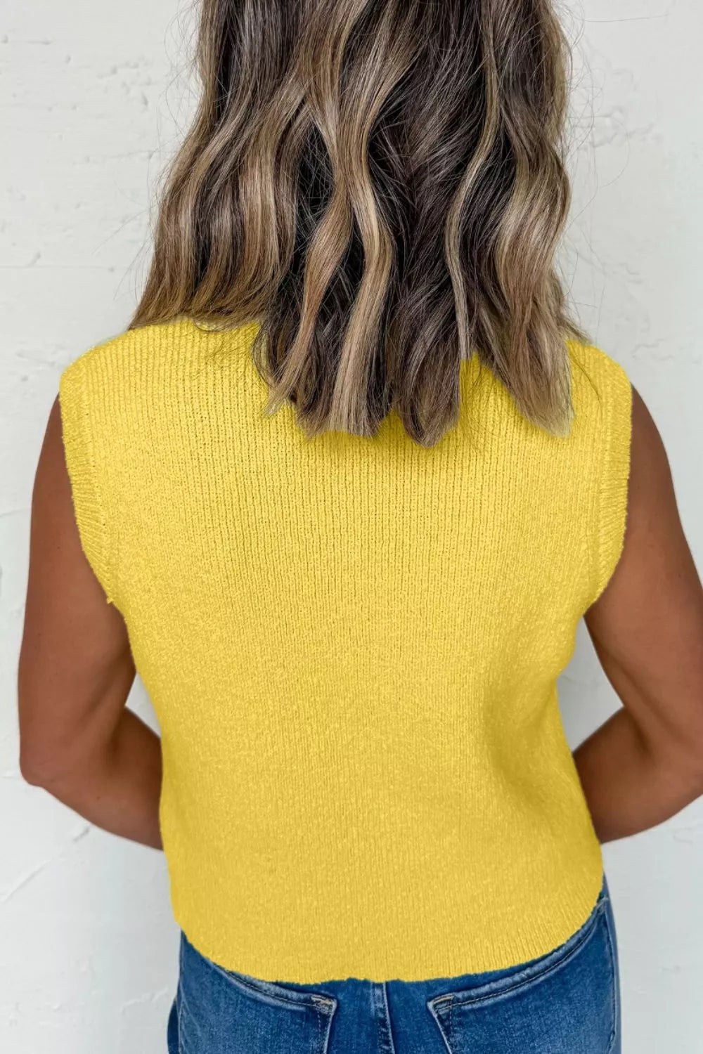 Ribbed knit button-down sweater vest with patch pockets
