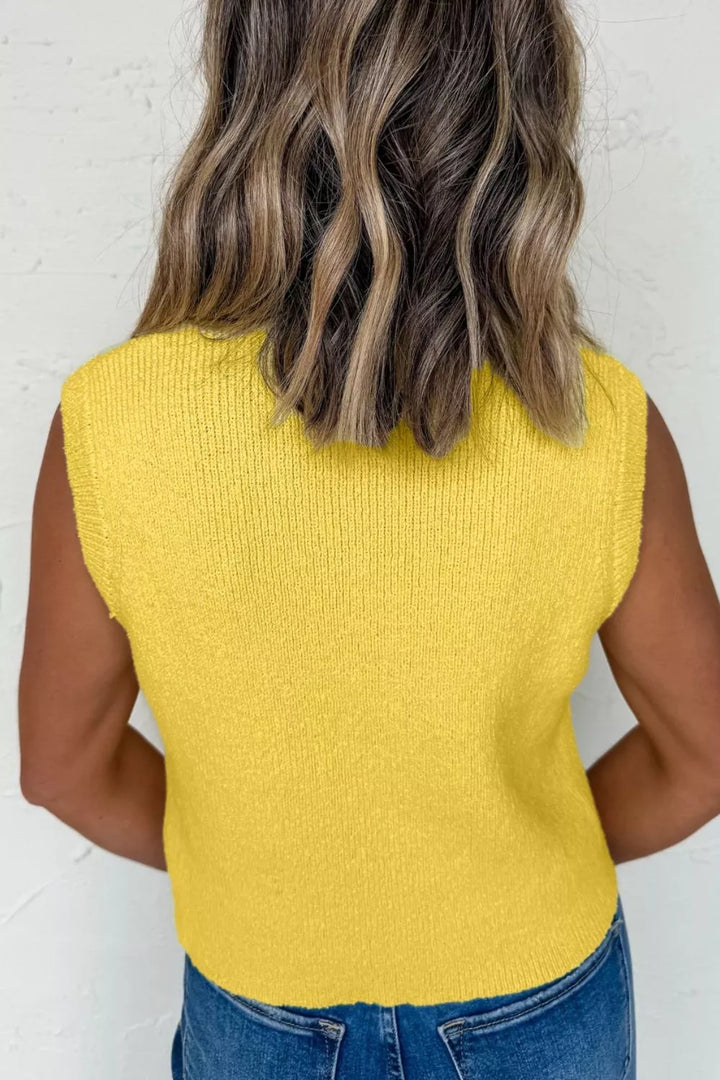 Ribbed knit button-down sweater vest with patch pockets
