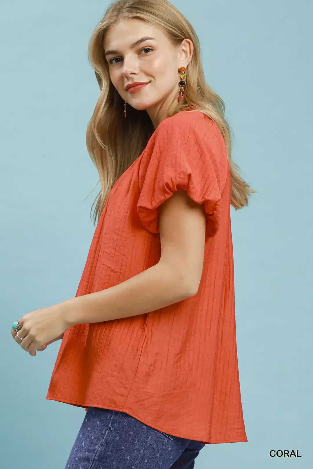 Relaxed gathered V-neck top with flutter sleeves