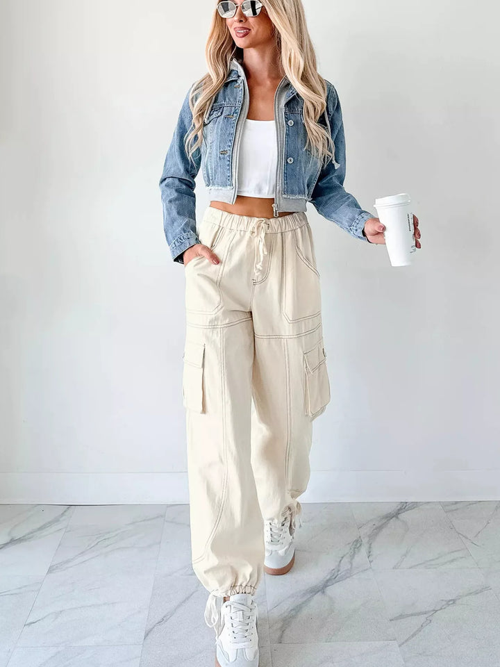 Distressed cropped hooded denim jacket with zip front