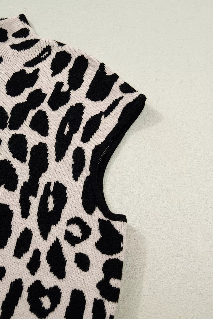 Leopard print mock neck cap sleeve sweater top