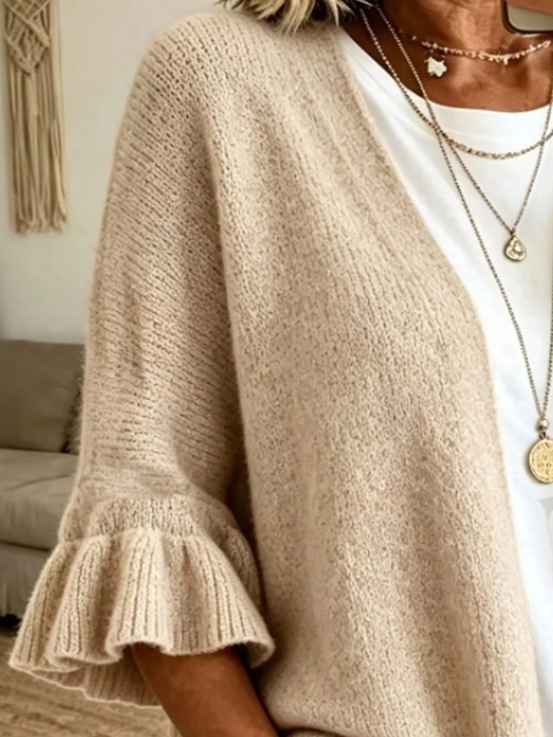 Ruffle bell sleeve open-front knit cardigan
