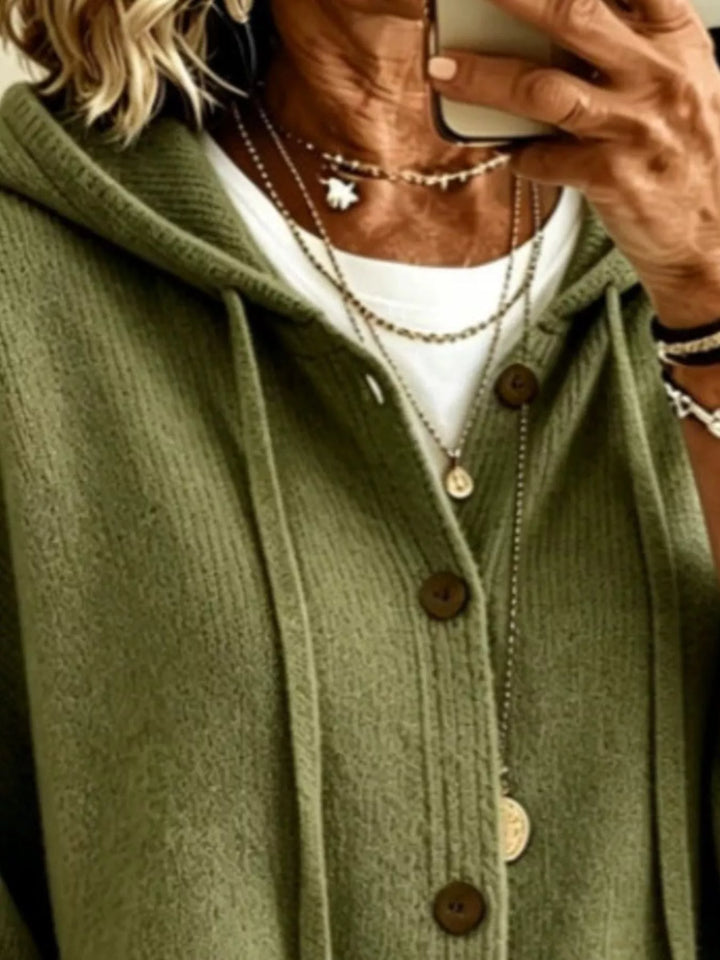 Hooded button-down knit cardigan with patch pockets
