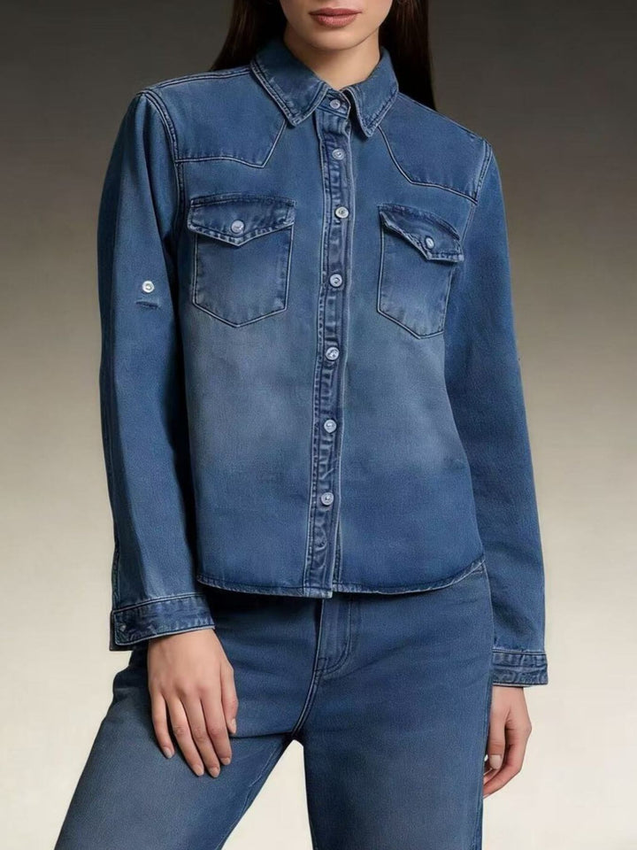 Western button-down denim shirt with flap pockets