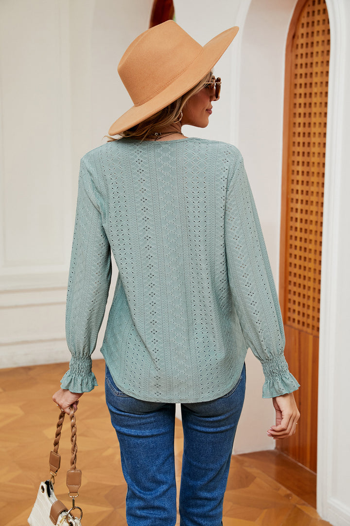 Contrast crochet V-neck eyelet blouse with flounce cuffs