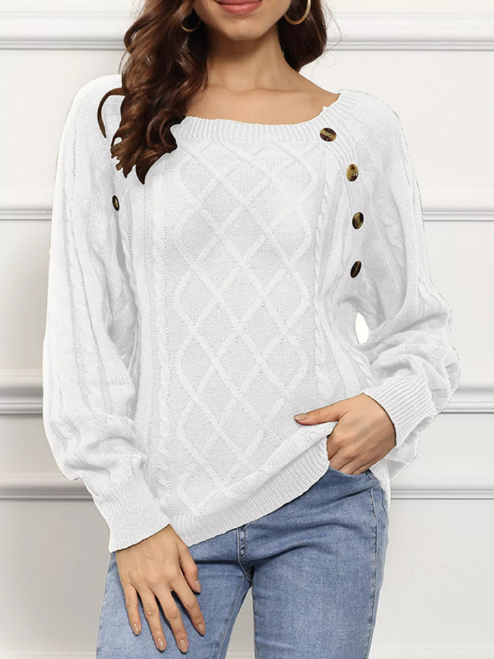 White Cable knit boat neck sweater with side button trim