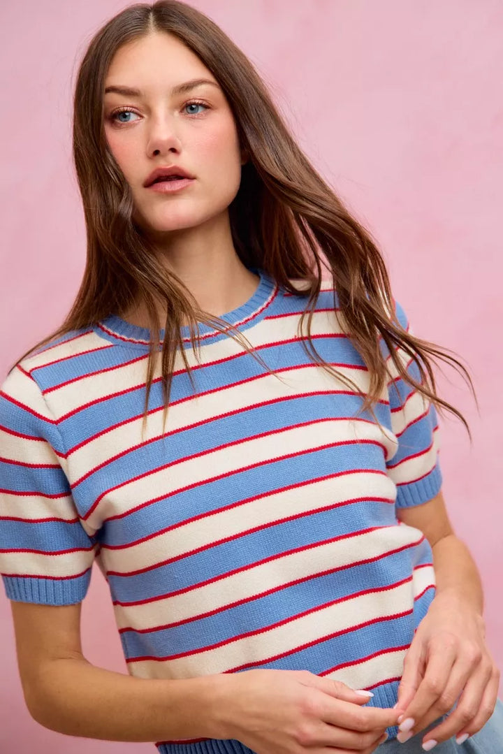 Striped ribbed knit short sleeve crew neck sweater top