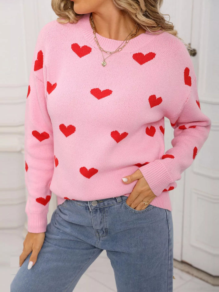 Heart pattern dropped shoulder crew neck sweater