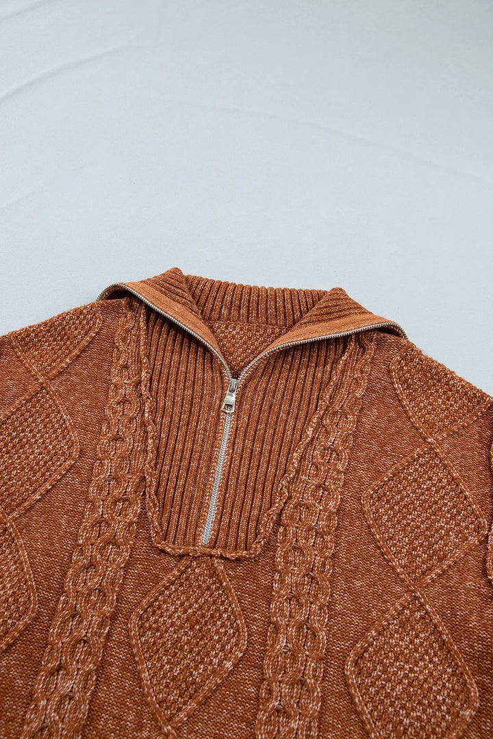 Cable knit quarter-zip mini sweater dress with drop shoulders