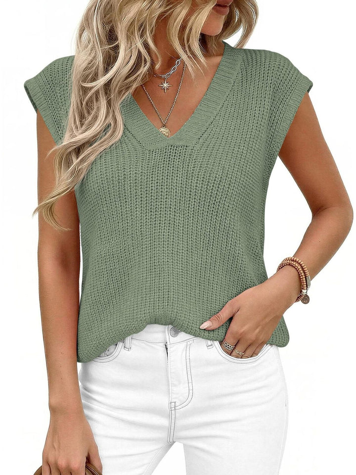 V-neck cap sleeve waffle knit sweater vest