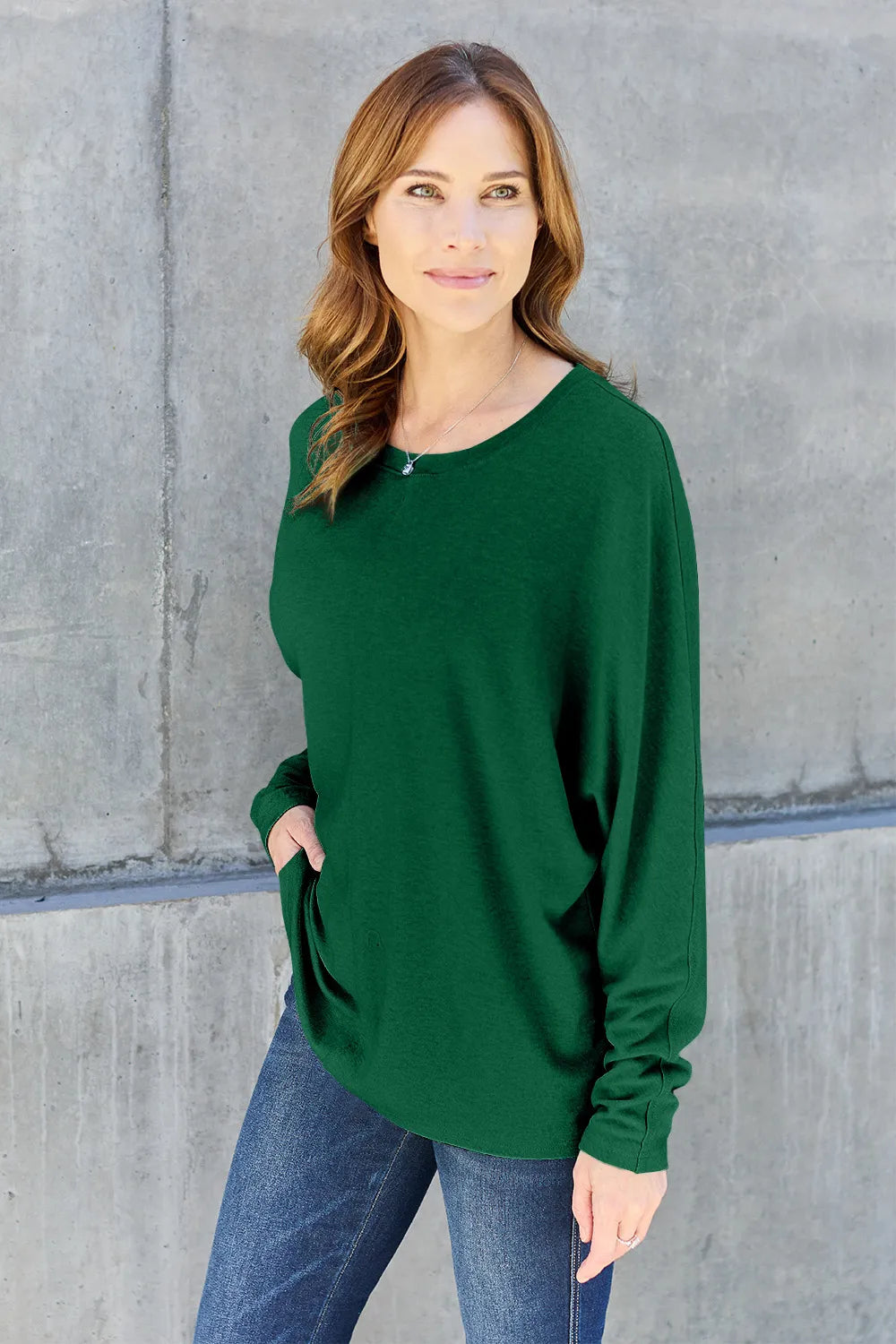 Relaxed drop-shoulder round neck long sleeve top