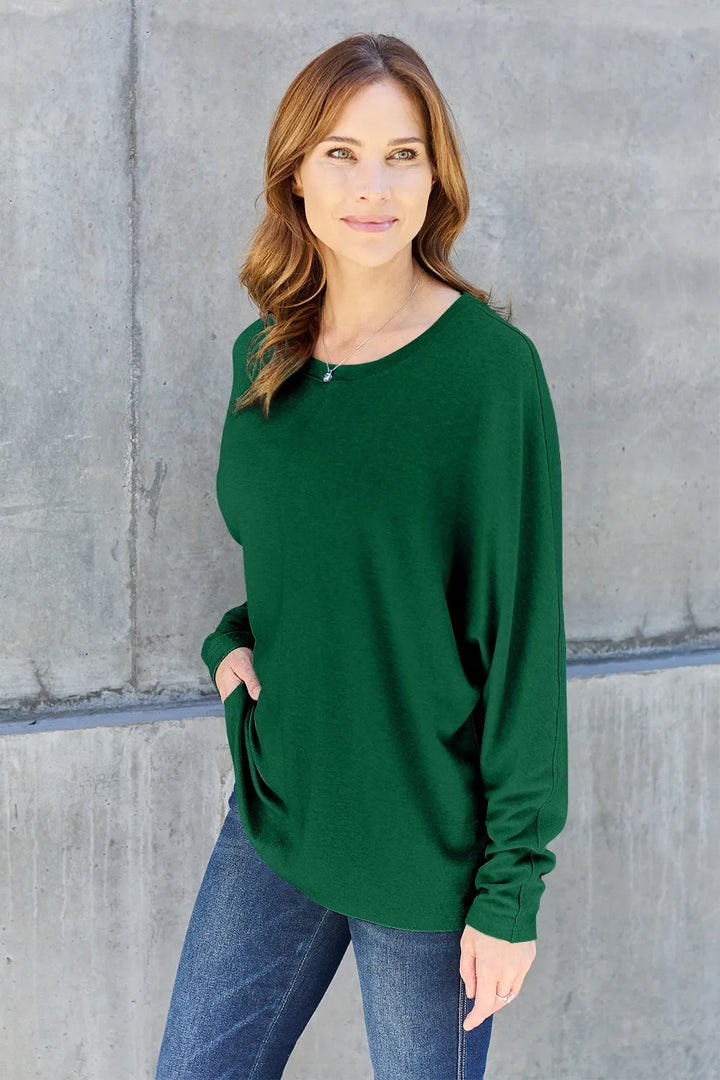 Relaxed drop-shoulder round neck long sleeve top