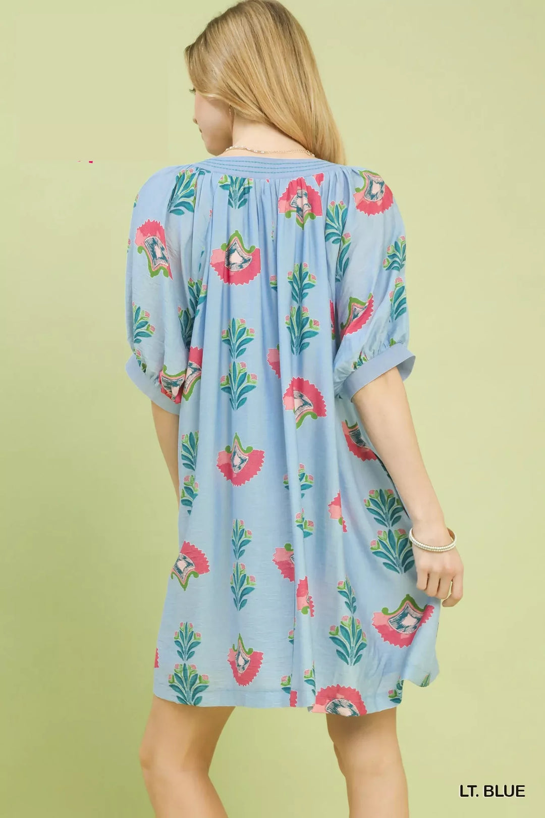 Floral block print V-neck mini dress with puff sleeves
