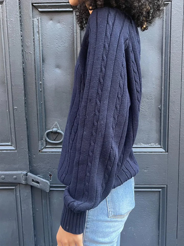Cable knit V-neck pullover sweater with ribbed trim