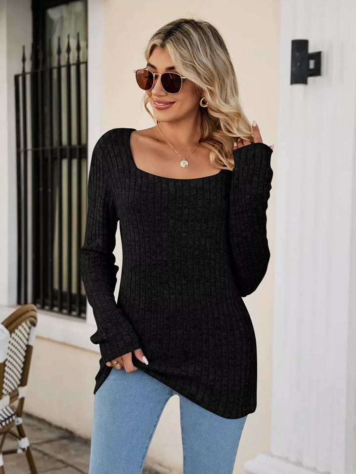 Black Fitted ribbed square neck long sleeve top