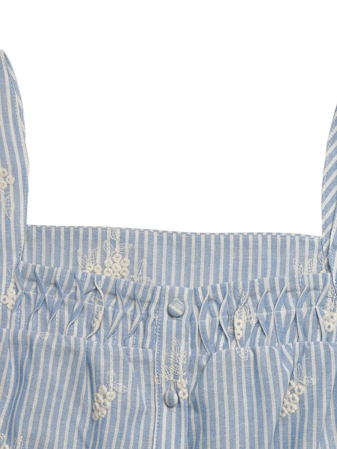 Striped floral embroidered square-neck ruffle-sleeve blouse