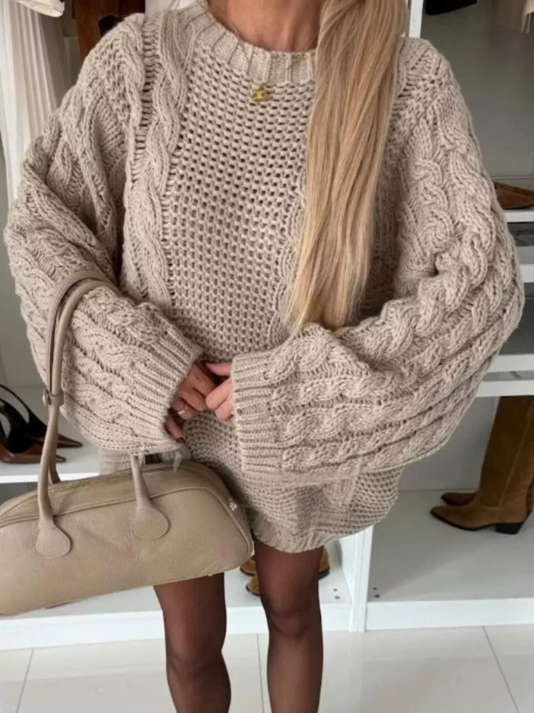 Camel Chunky cable knit oversized crewneck sweater
