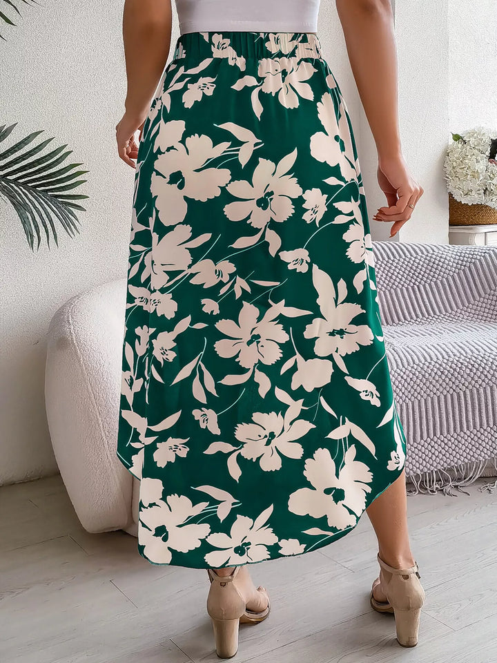 Floral print asymmetrical ruffle hem midi skirt