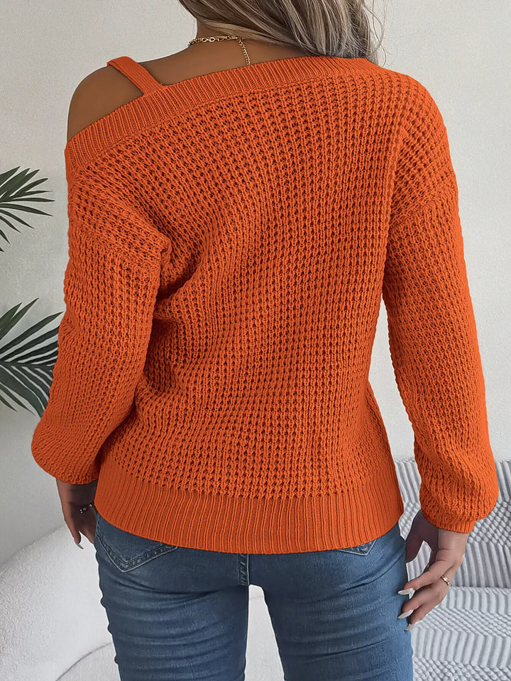 Asymmetrical cold-shoulder openwork knit sweater with chain strap