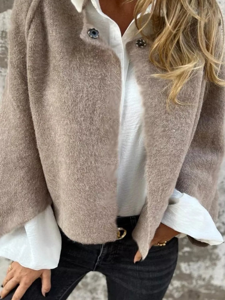 Dropped shoulder fuzzy knit button-front cardigan