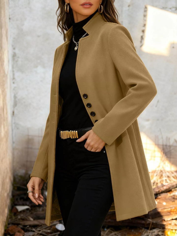 Single-breasted stand-collar longline coat
