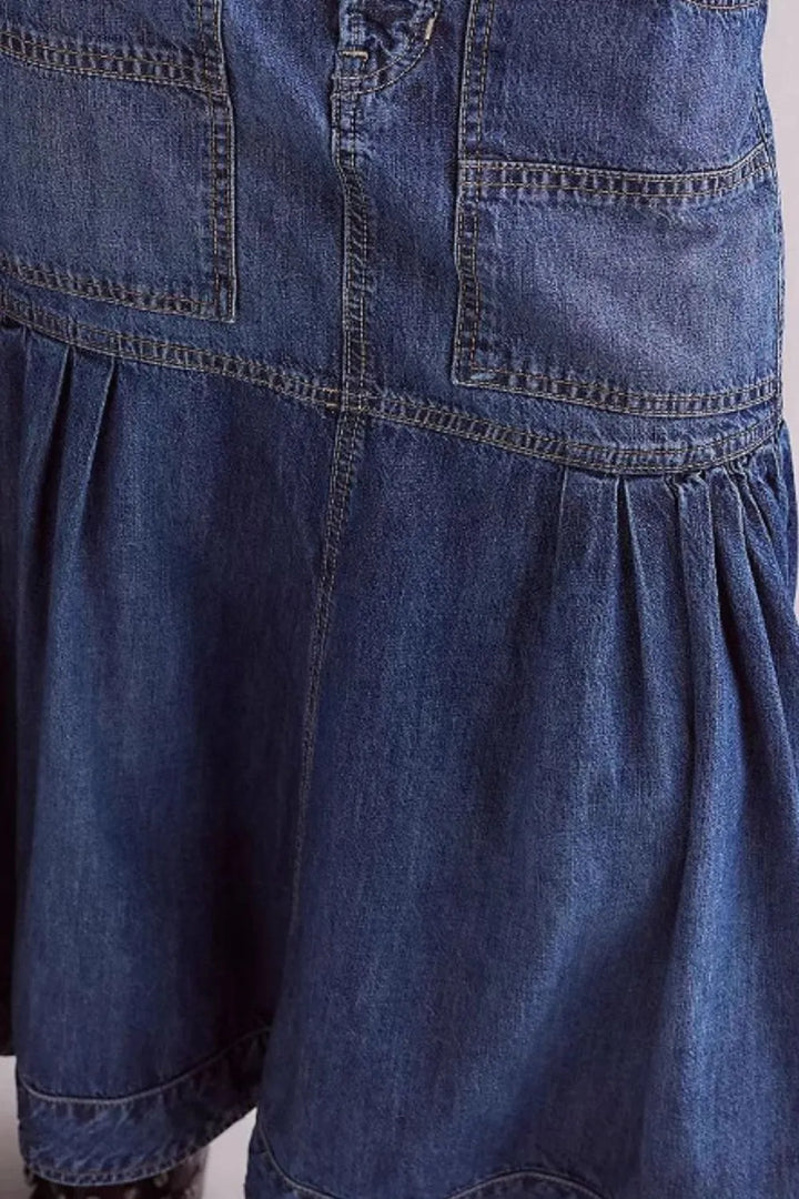 High-rise tiered midi denim skirt with patch pockets