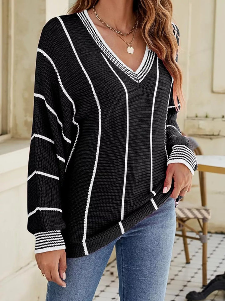 Striped V-neck ribbed knit sweater with drop shoulders
