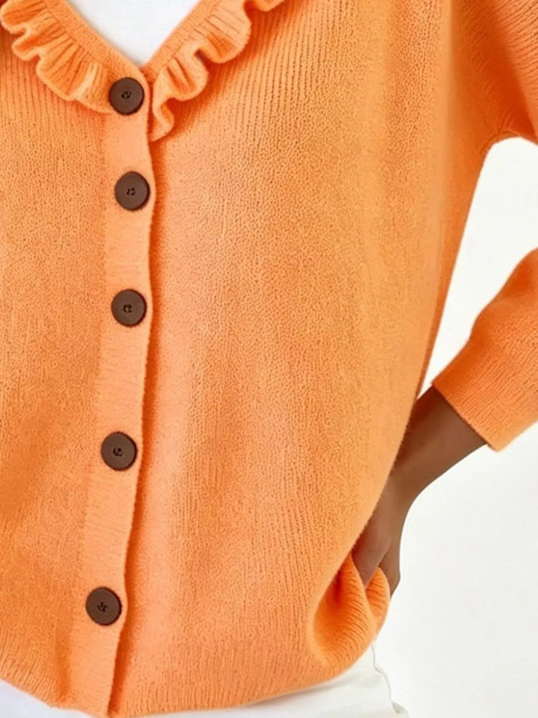 Ruffle-trim V-neck button-front knit cardigan