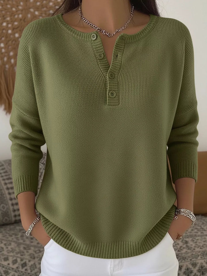 Army Green Henley button knit sweater with ribbed trim