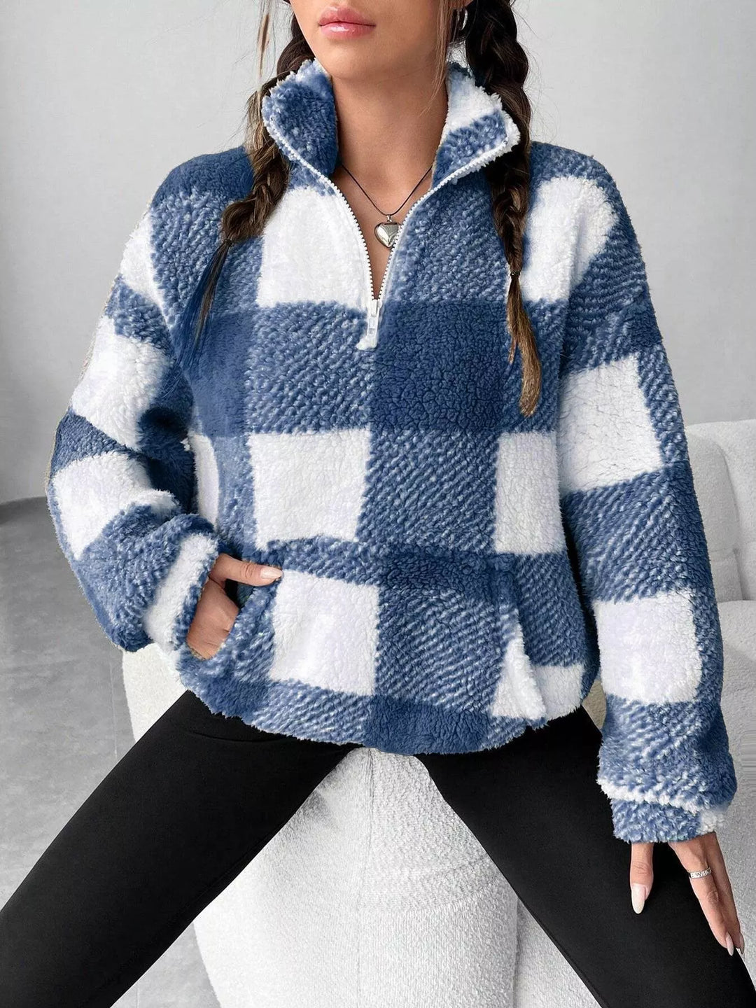 Blue Plaid sherpa quarter-zip pullover with front pocket