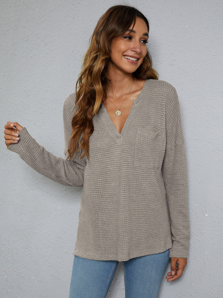 Dropped-shoulder waffle-knit V-neck top with high-low hem