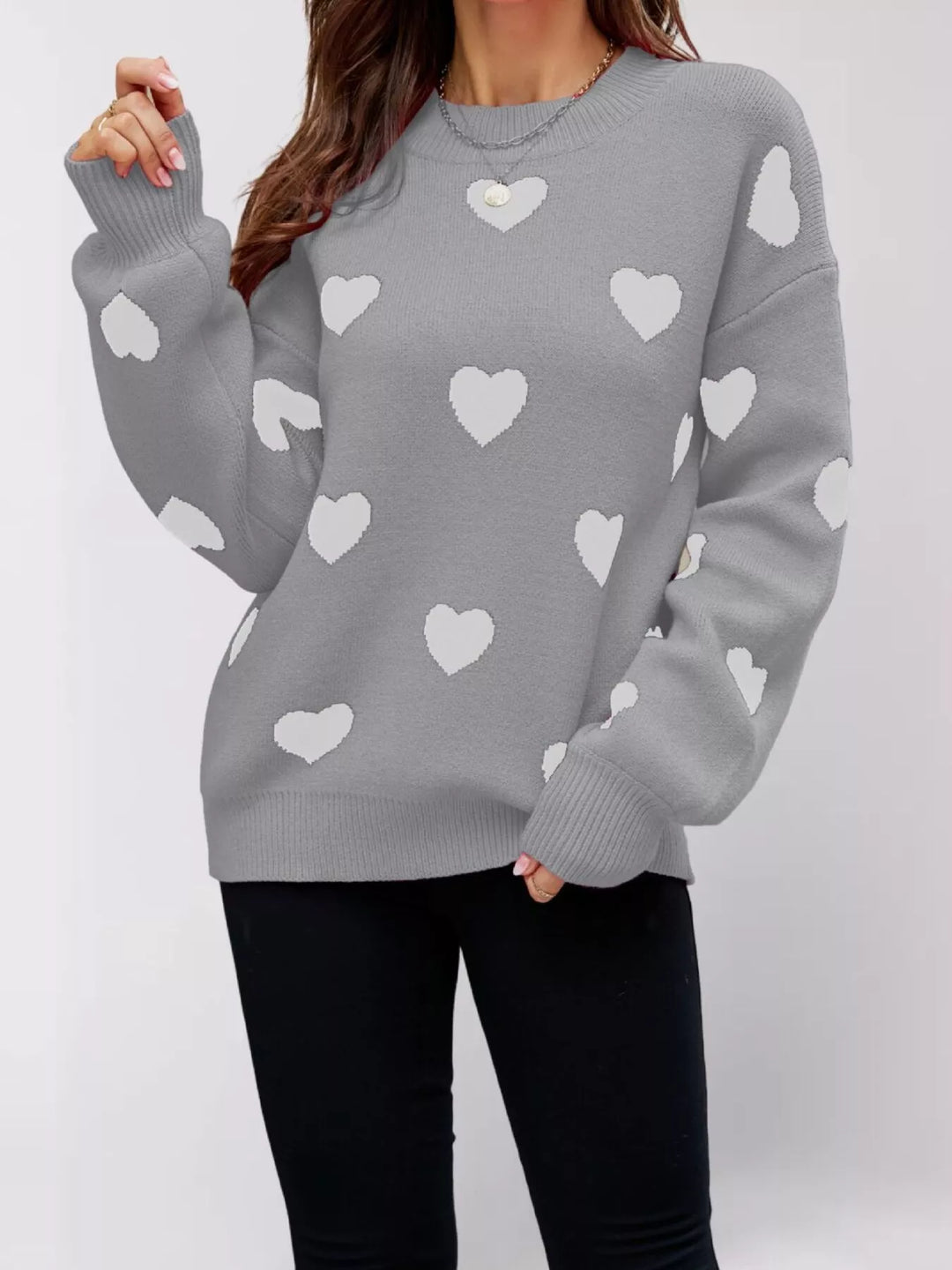 Grey Heart print drop shoulder crew neck knit sweater