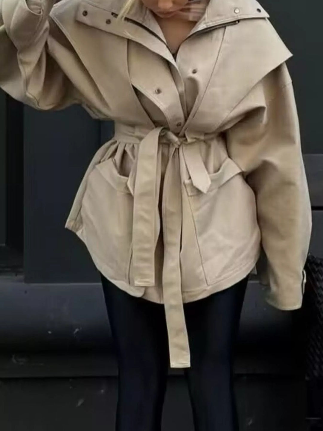Oversized collar tie-waist snap-front trench coat