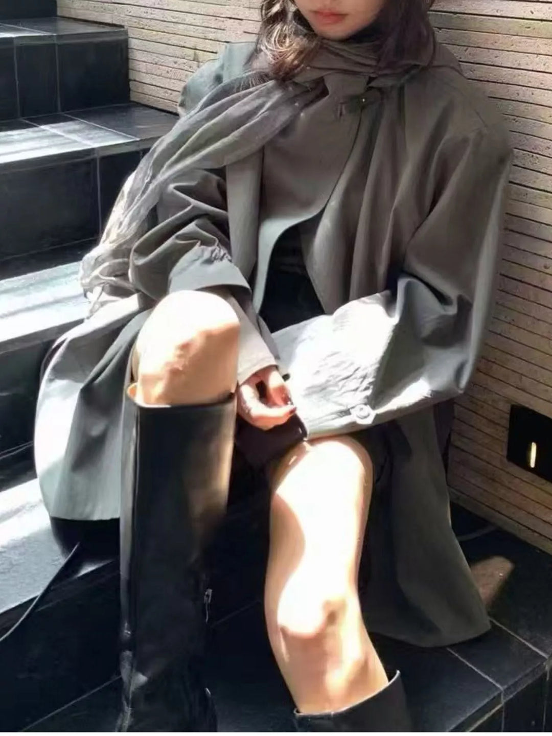 Open front drawstring waist trench coat with notched lapel