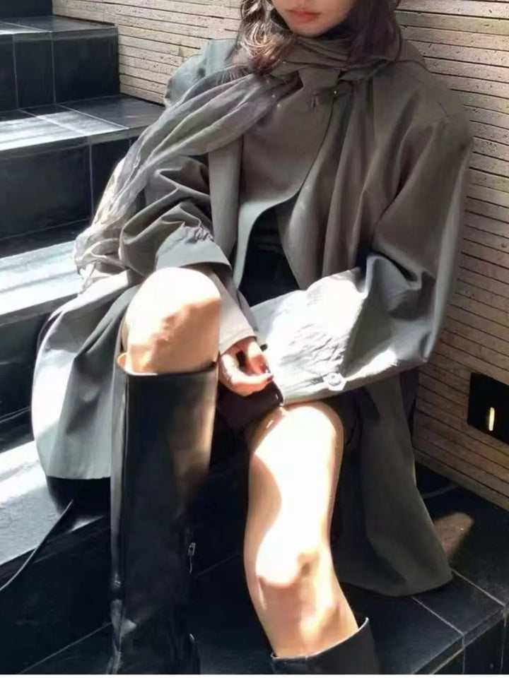 Open front drawstring waist trench coat with notched lapel