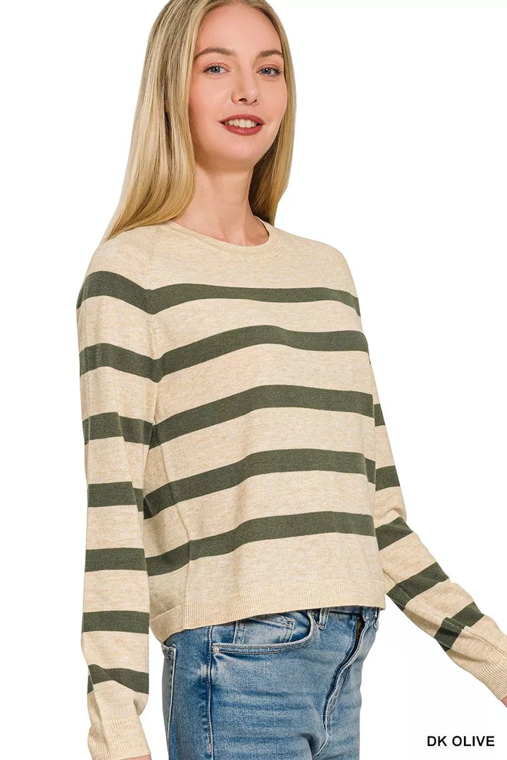 Striped ribbed knit crew neck pullover sweater