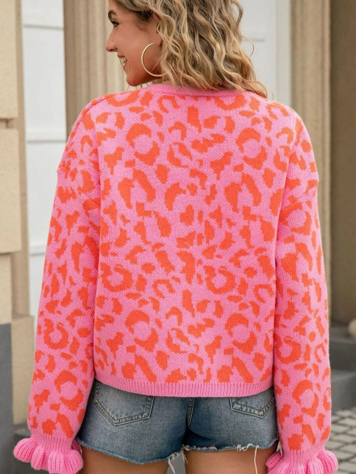 Leopard knit tie-front cardigan with ruffle cuffs