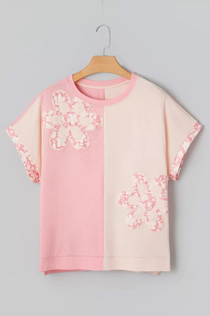 Color block tee with floral appliqué patches