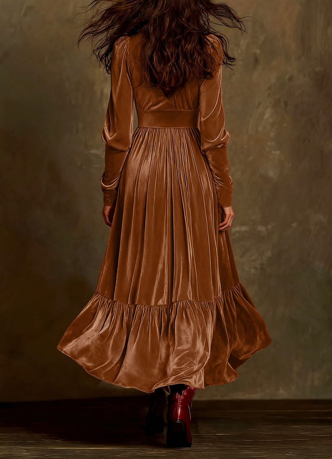 Velvet tiered ruffle maxi dress with plunging V-neck