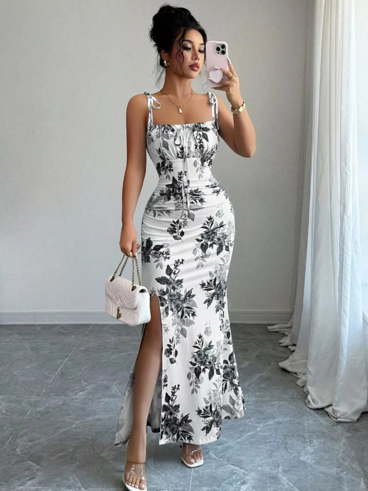 Gray Floral print tie-strap maxi dress with side slit