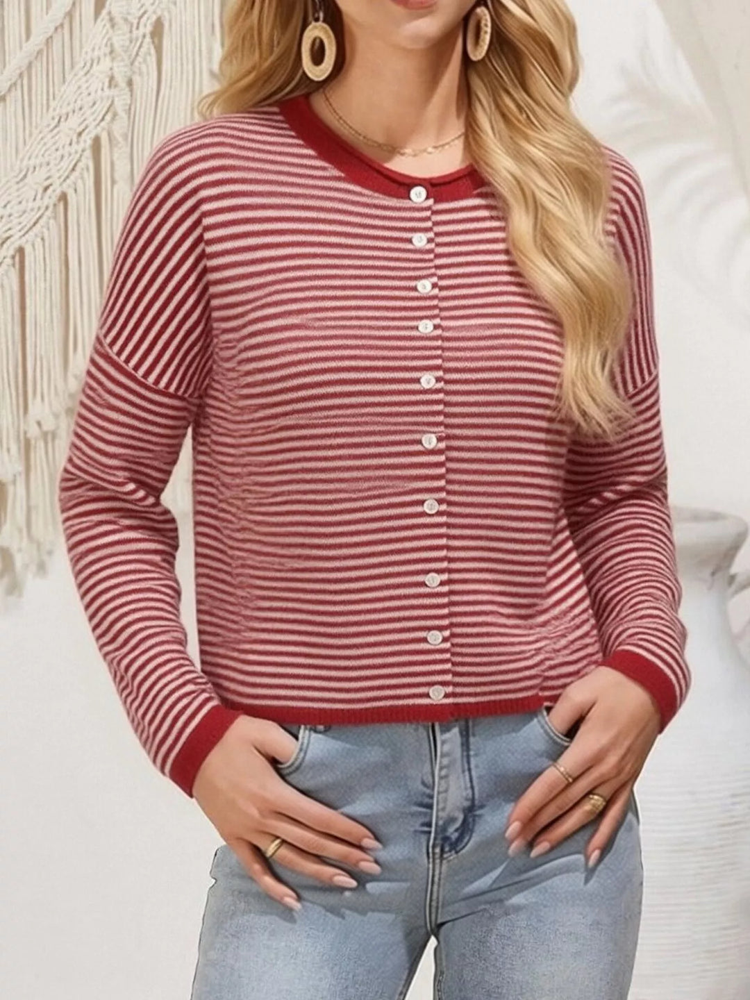Red Stripes Striped button-front knit cardigan with drop shoulders