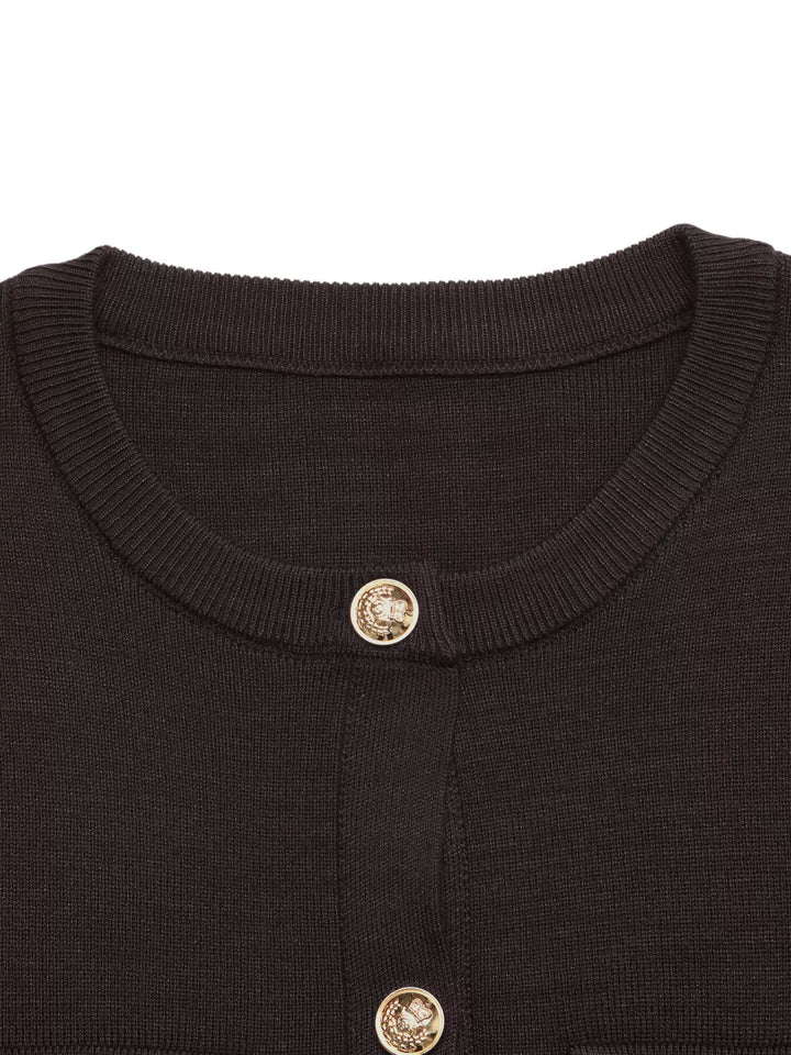 Gold-button knit cardigan with flap chest pockets