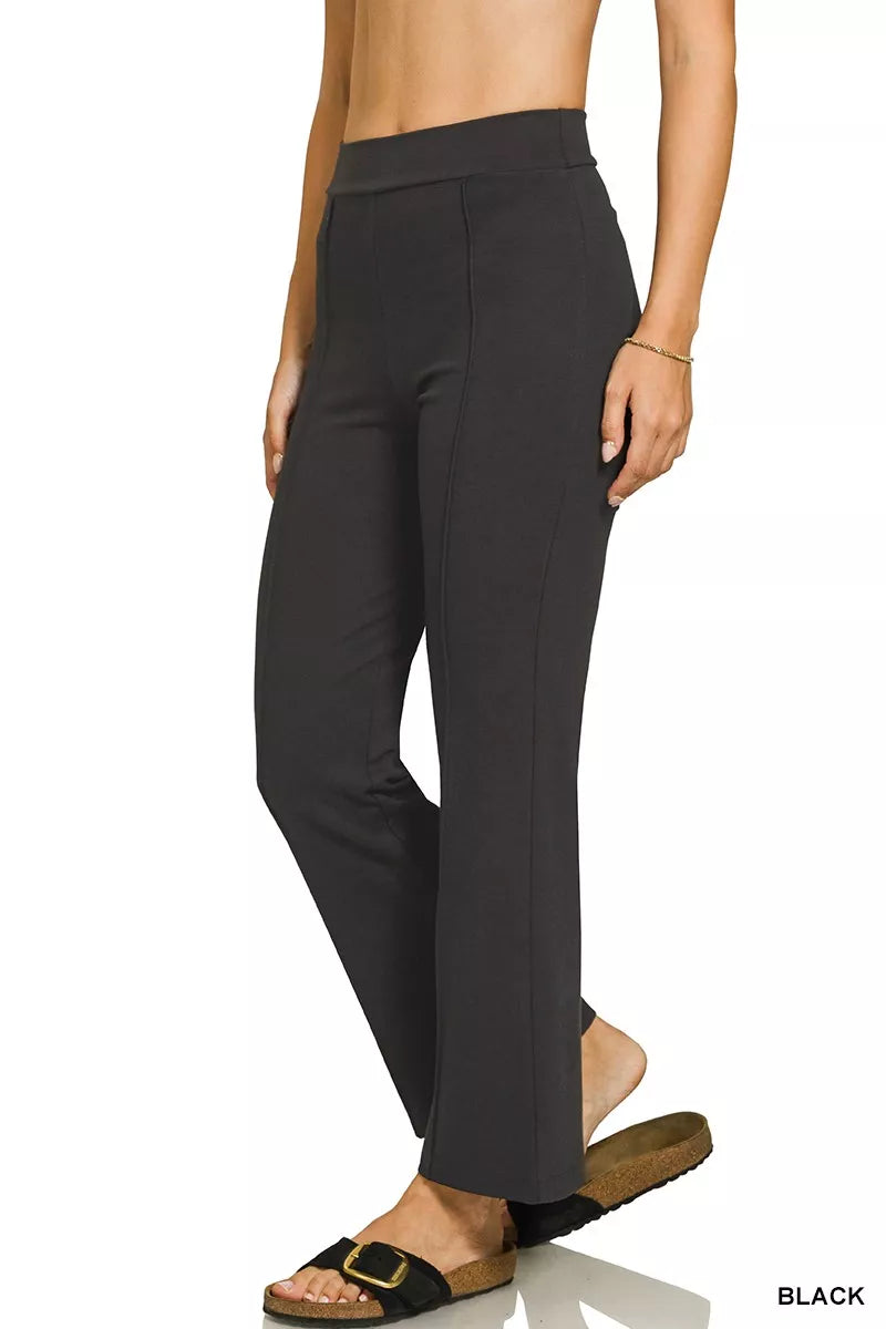 High-rise ponte pintuck flare pants with elastic waist