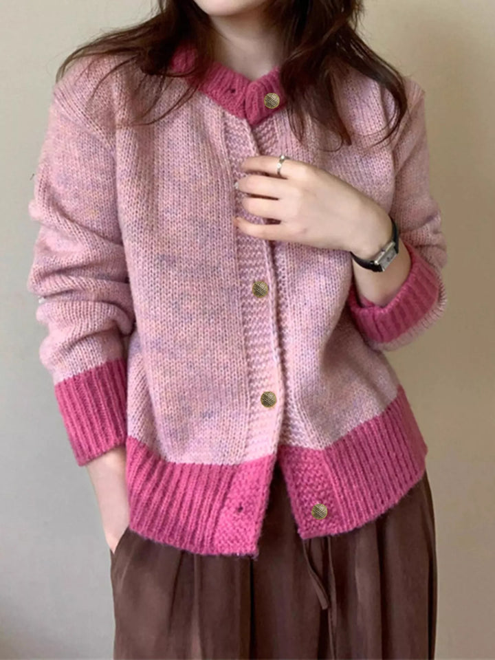 Pink Color-block ribbed knit cardigan with gold buttons