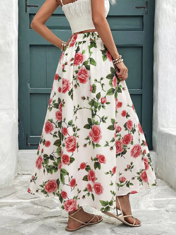 Rose floral print high-waist flowy maxi skirt